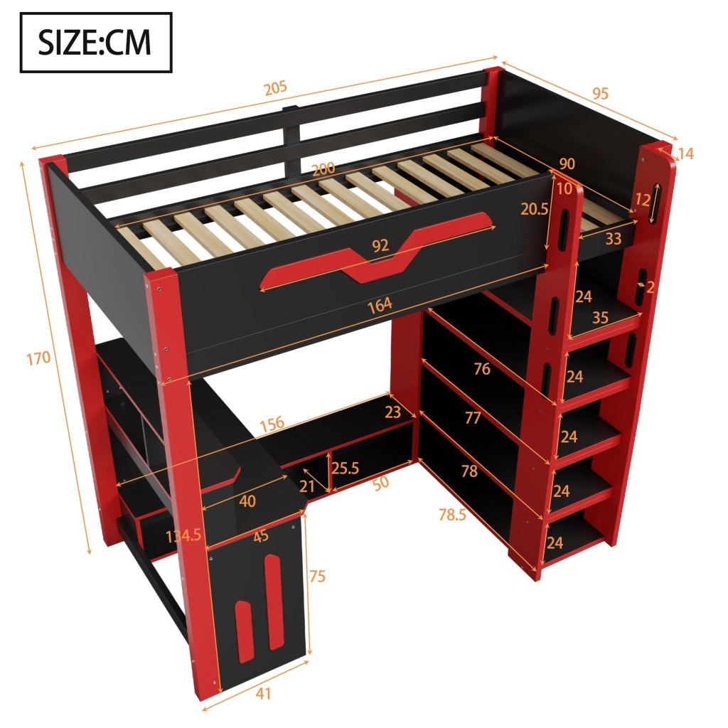 LETTO A CASTELLO ALTO con scrivania e ripiani 90x200 cm nero rosso