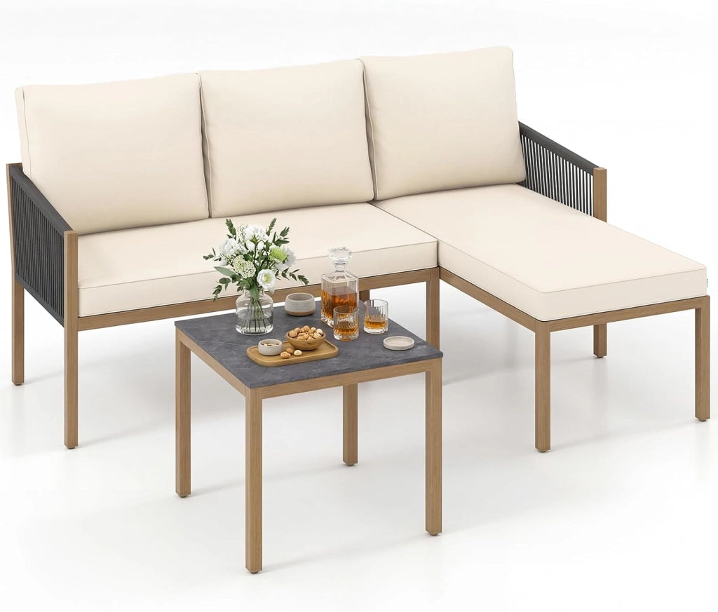 Set di Mobili da Giardino 3 Pezzi, Salotto da Esterno con 2 Divani Componibili a forma di L e Tavolino da Caffè, Set da Conversazione da Esterno con Cuscini Sfoderabili, per Patio e Terrazzo