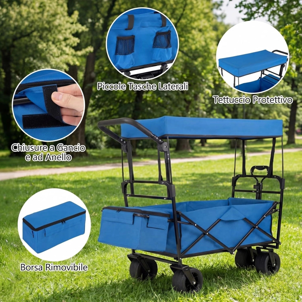 Carrello Pieghevole con Tetto, Carrello Trasportabile con Maniglia Regolabile, Borsa Portaoggetti e Ruote Grandi, Carrello da Giardino Capacità 100L, per Campeggio e Animali Domestici (Blu)