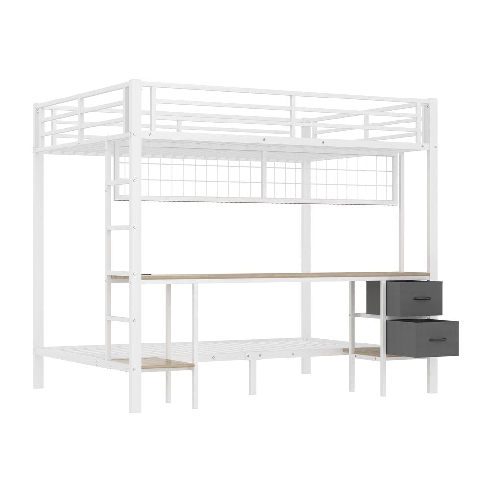Letto a Soppalco con Scrivania e LED ¨C MINIMAL ¨C Bianco, 90x200 / 140x200, Ferro, Cassetti