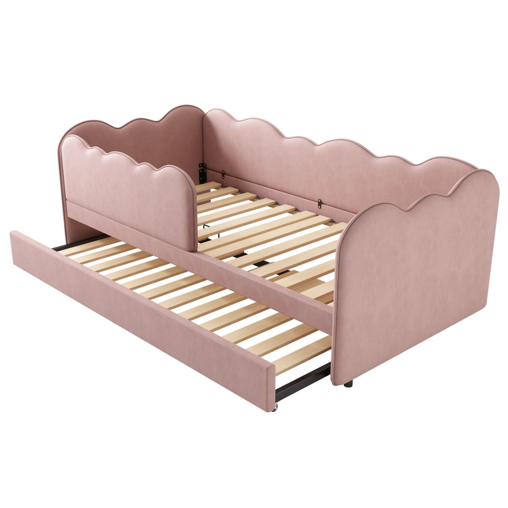 Letto daybed imbottito 90x190 cm con letto estraibile, rete inclusa, velluto rosa