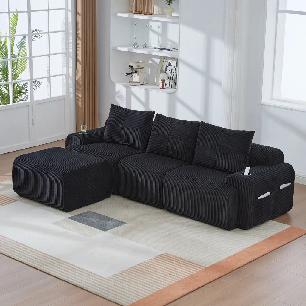 DIVANO MODULARE 3 POSTI 268x174x80 cm Corda Nero con portabicchiere e tasca laterale
