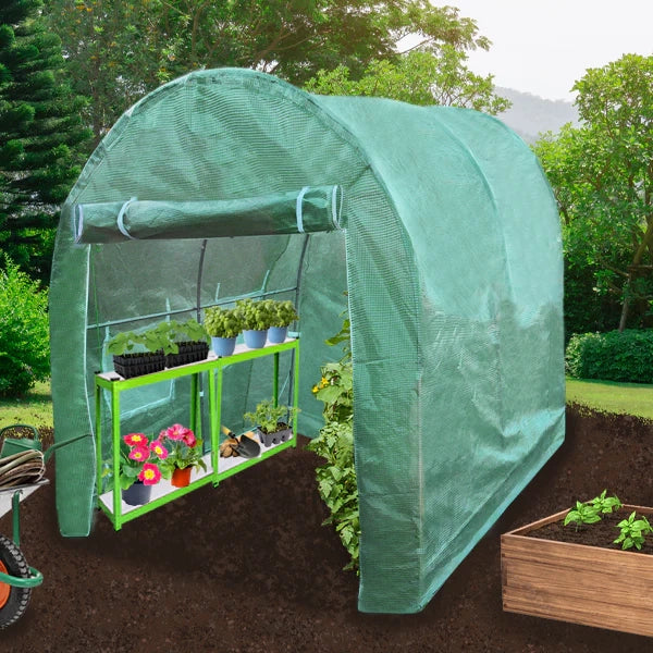 Serra da Giardino a Tunnel da Esterno in Polietilene Resistente alla Corrosione e Raggi UV Telaio in Ferro Galvanizzato per Piante Giardinaggio - 19mm - 3m x 2m & Scaffali