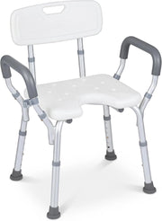 Sedia da Doccia Anziani, Sgabello da Doccia Antiscivolo con Braccioli e Schienale, Sedile a Forma di U e Altezza Regolabile, in Alluminio Resistente, per Disabili e Donne Incinte
