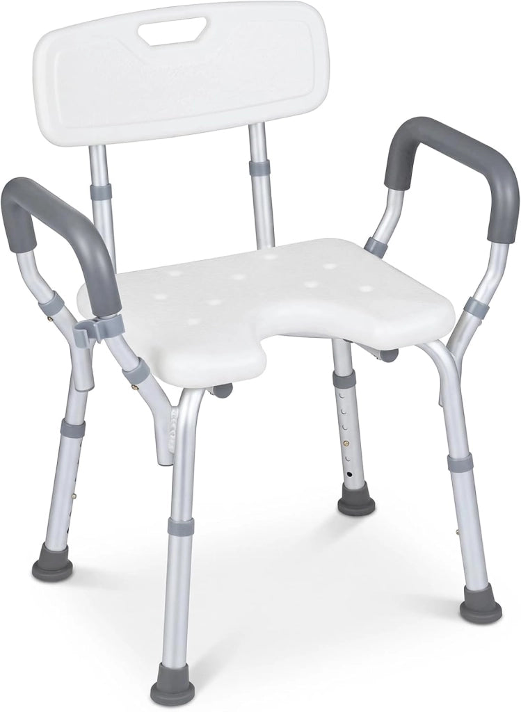 Sedia da Doccia Anziani, Sgabello da Doccia Antiscivolo con Braccioli e Schienale, Sedile a Forma di U e Altezza Regolabile, in Alluminio Resistente, per Disabili e Donne Incinte
