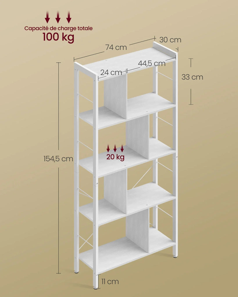 Libreria in stile industriale scaffale a 4 ripiani mobile contenitore autoportante per soggiorno o ufficio facile da montare struttura stabile in ferro stile industriale bianco 12_0004231