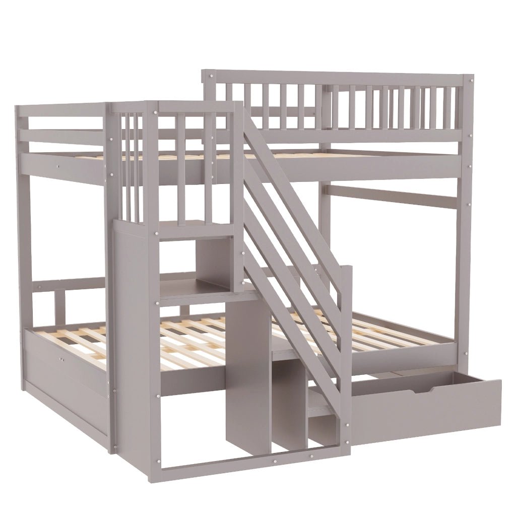 Letto a castello 2 posti con scala contenitore; 1 cassetto; sponde; senza materasso; legno grigio