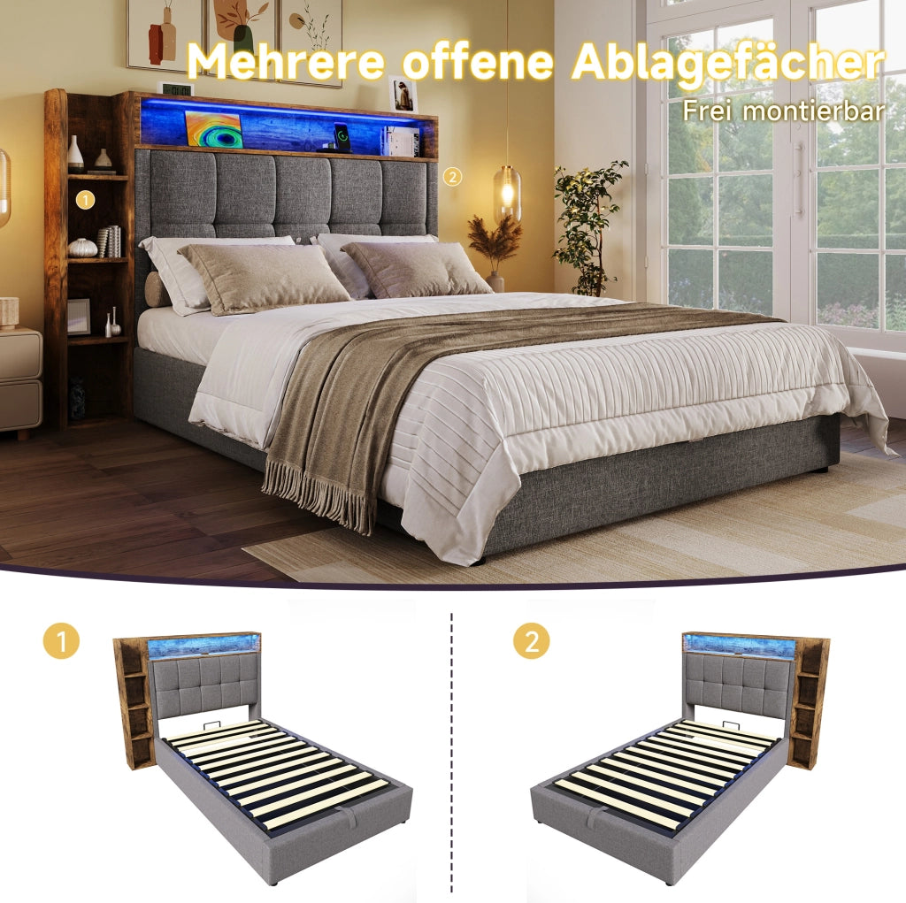 Letto imbottito 90x200 cm con LED, USB e ampio spazio contenitivo