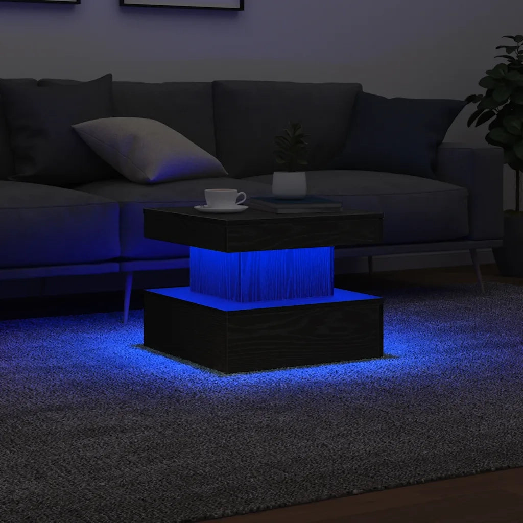 Tavolino da Salotto con Luci LED Rovere Nero 50x50x40 cm