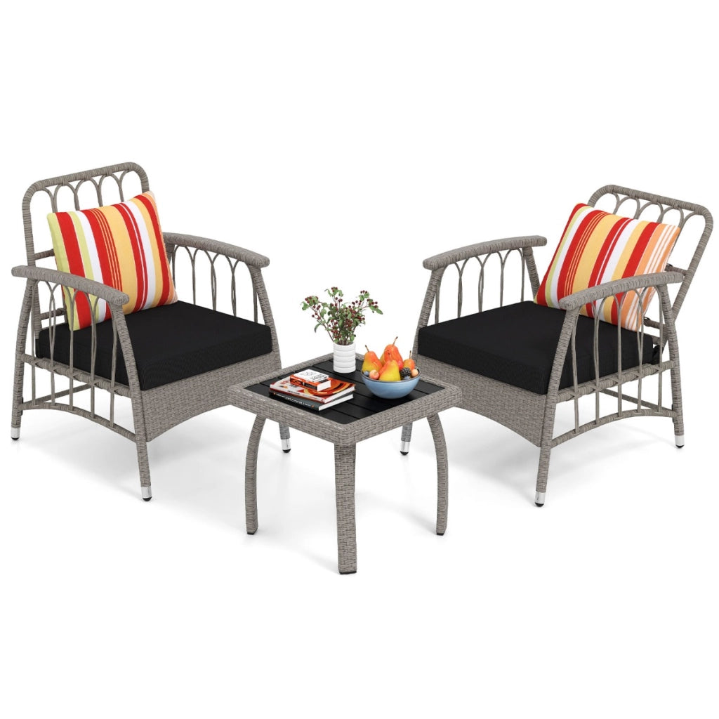 Set da giardino 3 pezzi in rattan PE con schienale regolabile a 5 livelli-Set da conversazione per esterno con cuscini e tavolino da caff¨¨ Grigio