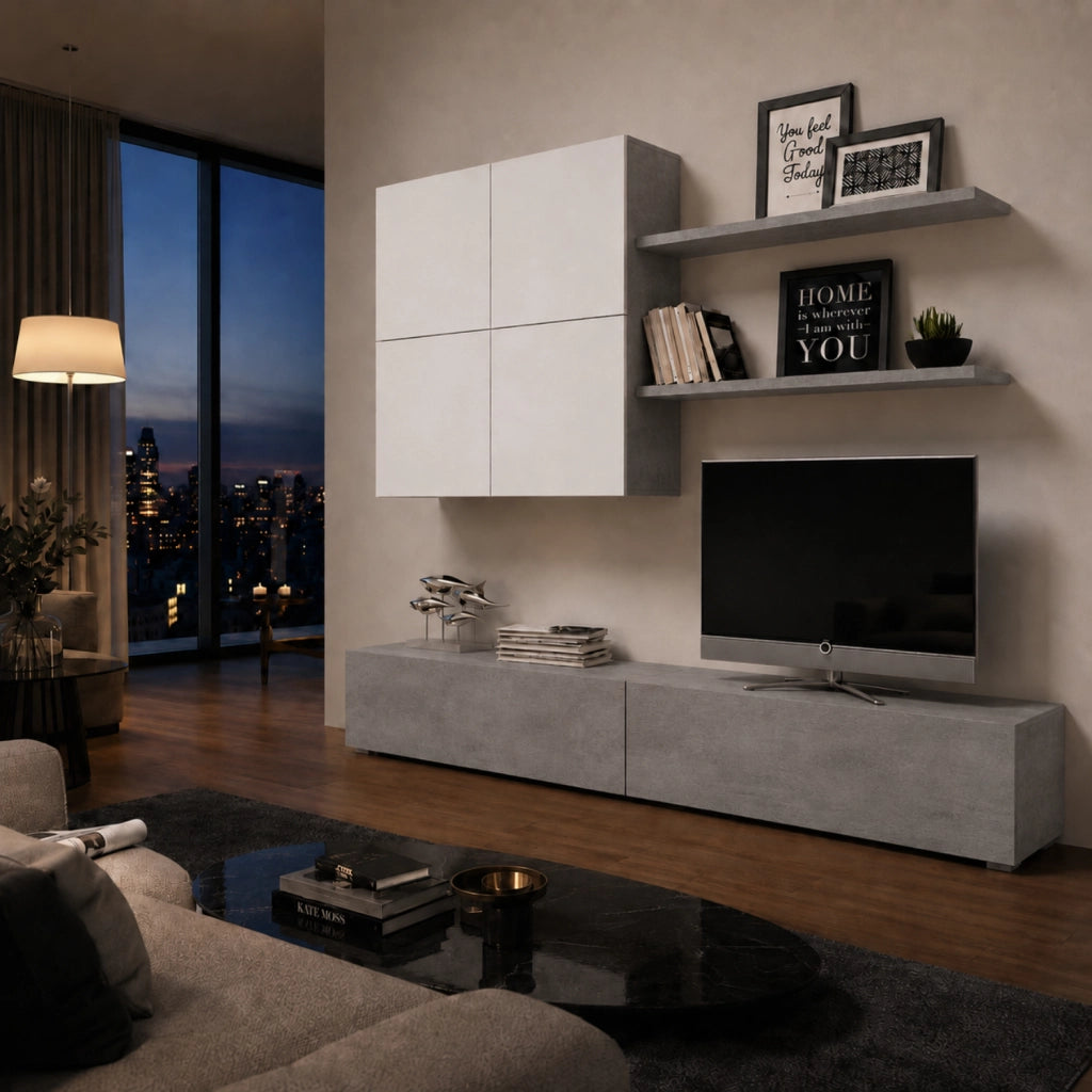 Parete Attrezzata Mobile Soggiorno Moderno Con Base TV 2 Ante Pensile 4 Ante e 2 Mensole Design Contemporaneo in Melaminico Facile da Pulire 200 x 194 x 40 cm Bianco e Grigio Cemento