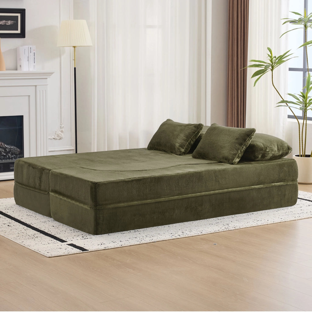 Divano letto futon pieghevole 2 in 1 con schiuma ad alta densità e 4 cuscini design moderno in tessuto verde