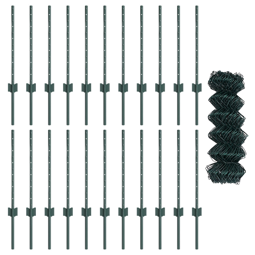 Recinzione a Maglie con 22 Pali U Verde 0.6x25 m Acciaio