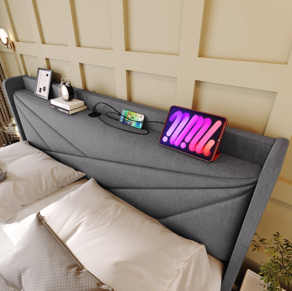 Letto matrimoniale imbottito con contenitore, USB e USB-C, 160x200 cm