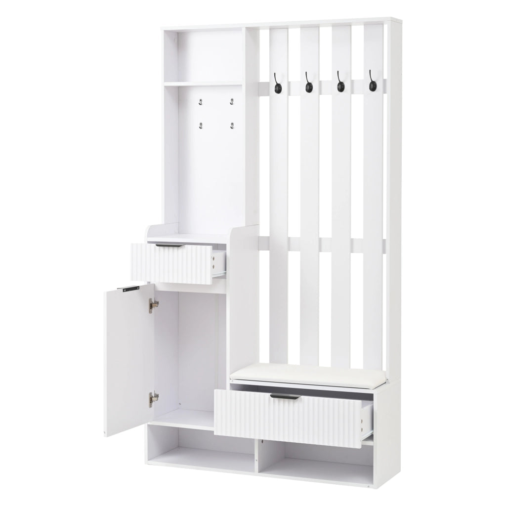 Mobile Ingresso con 8 Ganci; Panca Scarpiera; 2 Cassetti e 1 Armadio; Bianco; in Pannelli di Truciolare; 100×30×180 cm