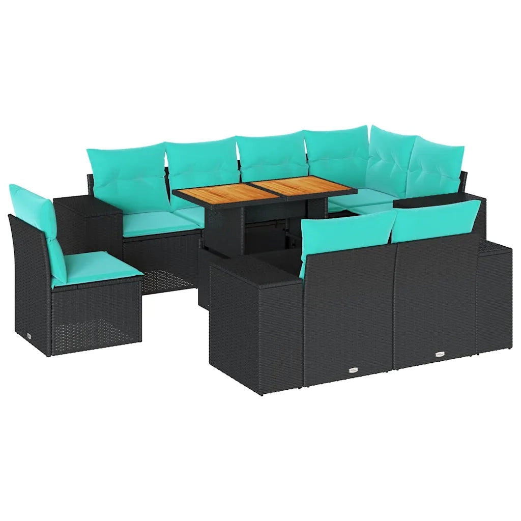 Set Divani da Giardino 9 pz con Cuscini Nero in Polyrattan
