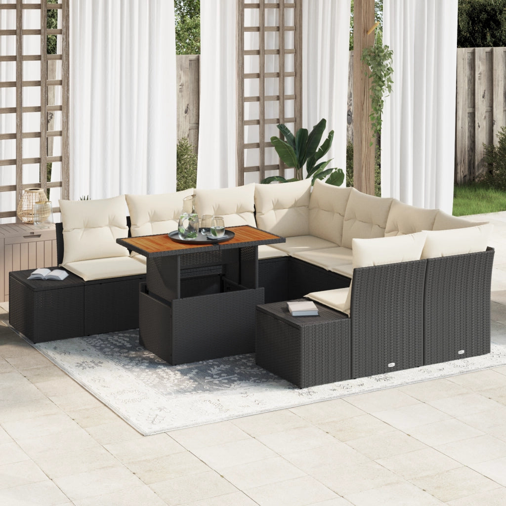Set Divano Giardino 9 Pezzi con Cuscini Rattan Nero Polirattan