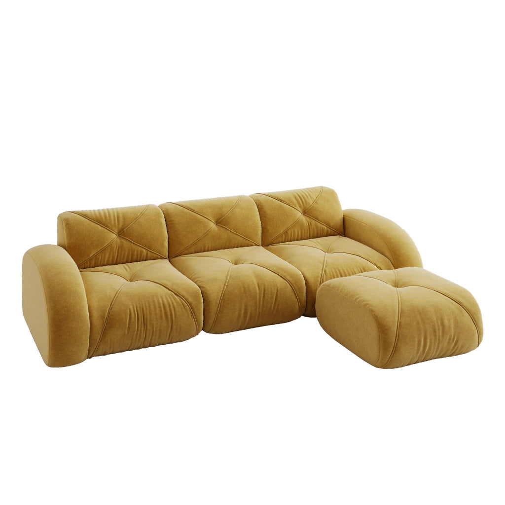Divano modulare a L con pouf in ciniglia senza telaio e schiuma 32D, senza montaggio, per soggiorno, giallo