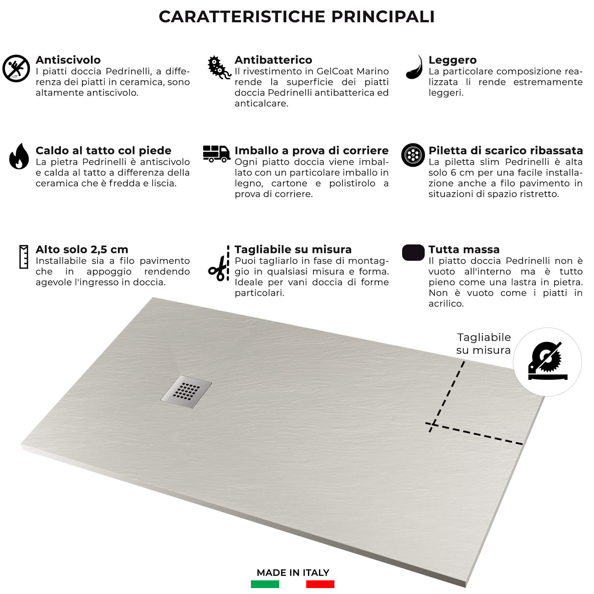 Piatto Doccia in Pietra 90x100 cm Pedrinelli Ardesia Stone Side Grigio