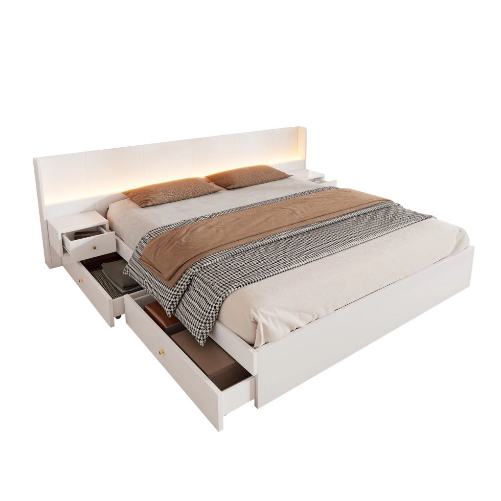 Letto matrimoniale 180x200 cm in MDF bianco con USB; LED APP; 2 comodini e cassetti