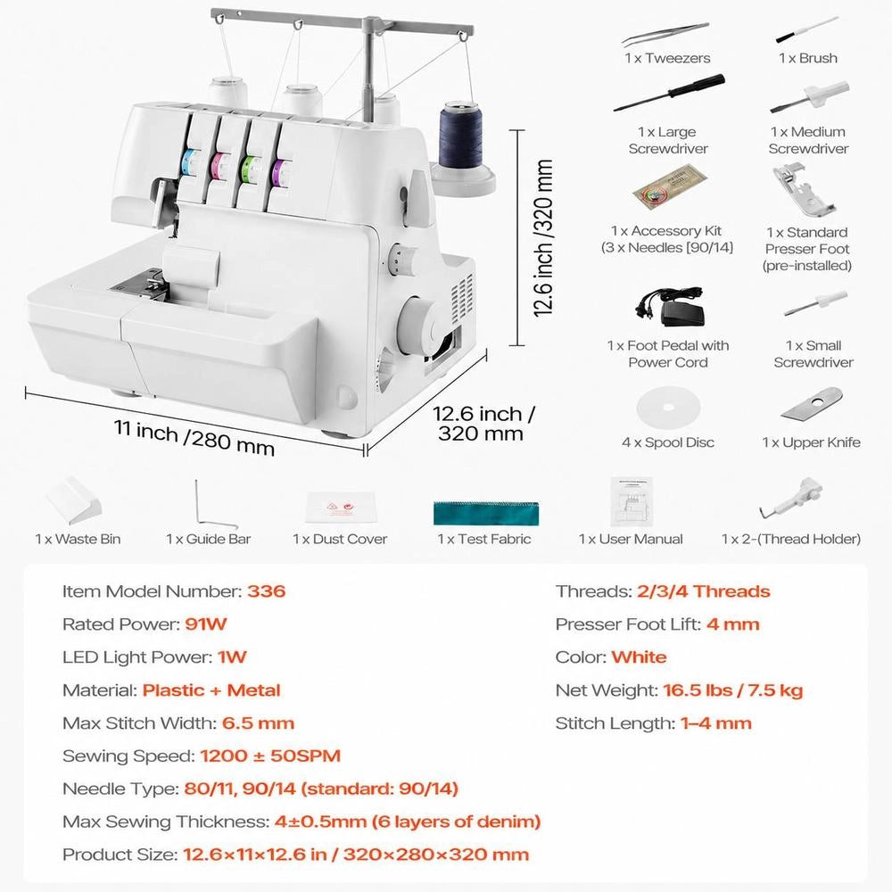 Overlock Sewing Machine, 1250 Stitches Per Minute, 2-3-4 Thread Capable, Adjustable Differential Feed (0.7-2), With Free Arm And LED Lighting, Sewing Machine For Various Fabrics, White