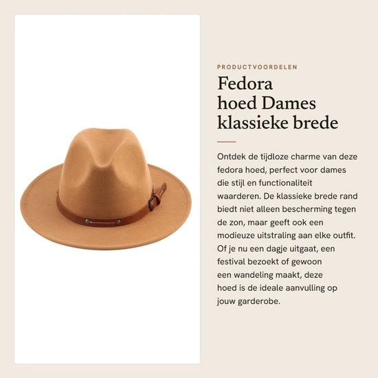 Fedora per donne - Classica con bordo ampio - Cappello panama - Jazz cap - Con cinturino - Leggero 150g