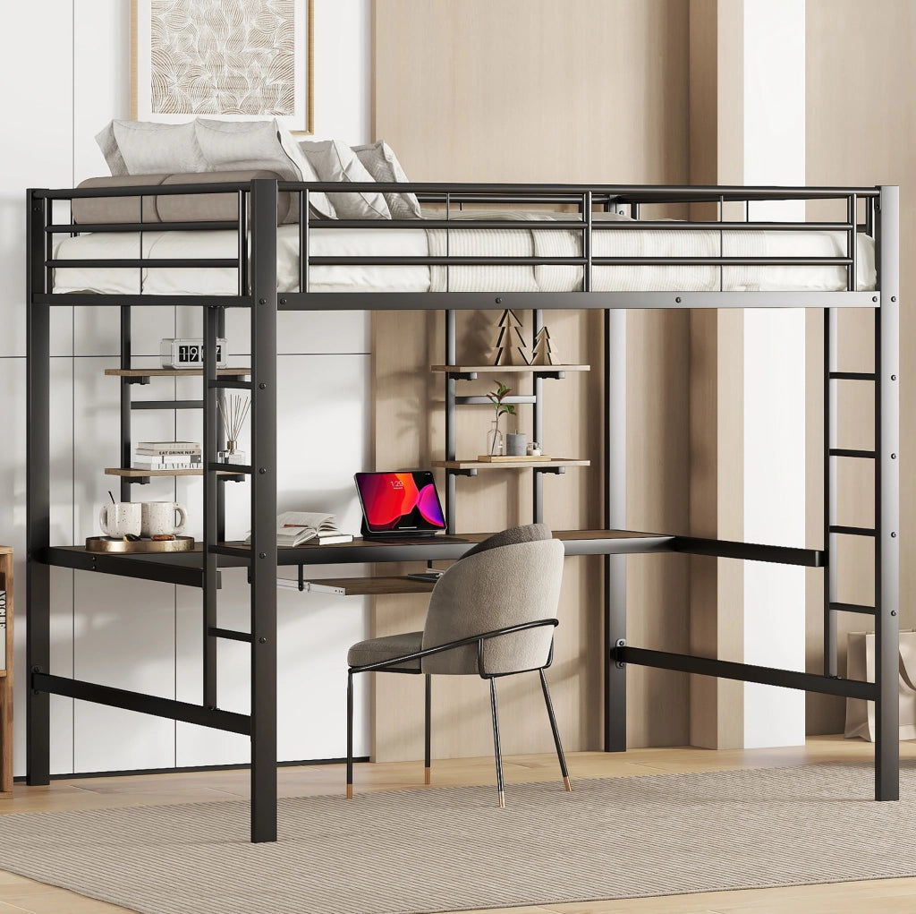 Letto a soppalco in metallo con scrivania e due scaffali, 140x200 cm, nero