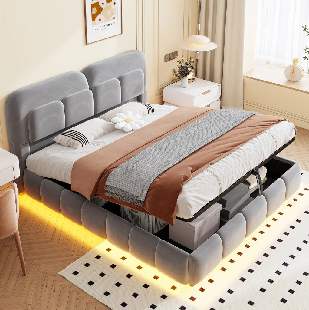 Letto matrimoniale imbottito 140x200 cm in velluto grigio con contenitore idraulico e LED