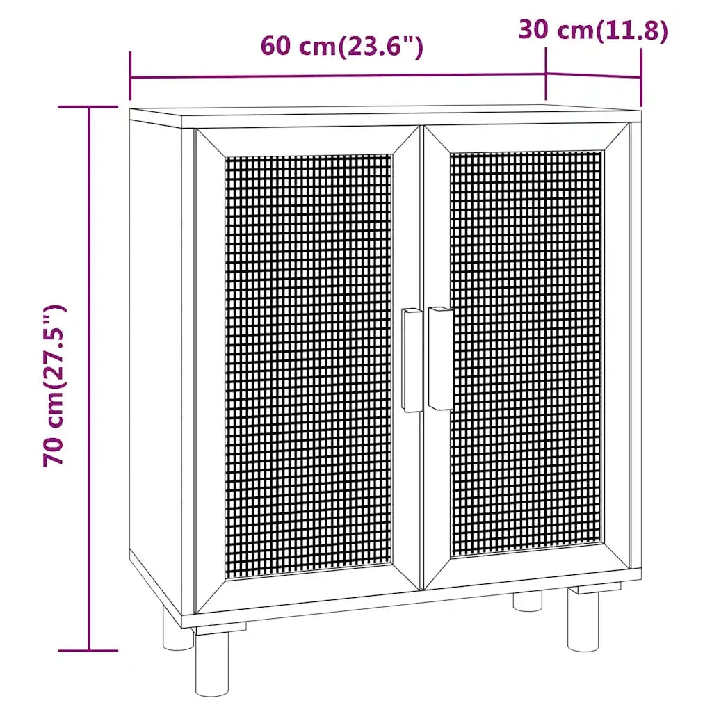 Credenza Marrone 60x30x70cm Legno Massello Pino Rattan Naturale 345632