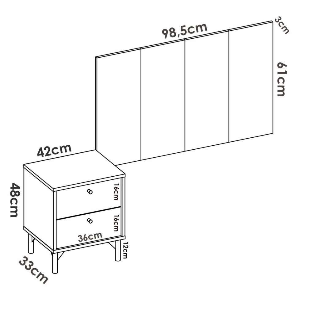 Testiera letto Lily, Spalliera letto per camera singola, Testata per letto singolo con 1 comodino, 99x3h61 cm, Rovere e Antracite