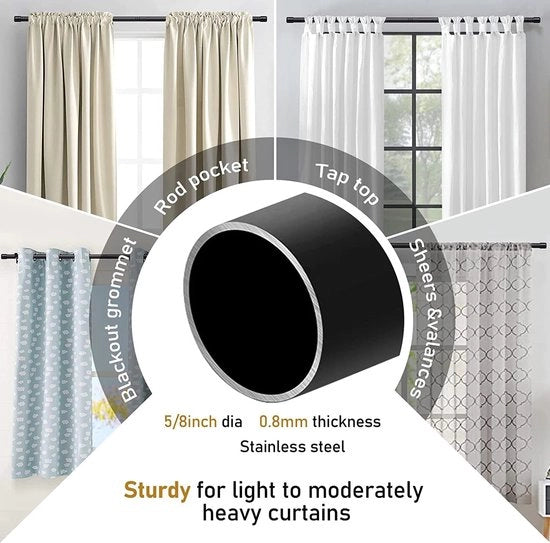 Verstelbare corda per tenda da 238 a 308 cm con maniglioni e viti - Corda per tenda in acciaio inossidabile 16 mm di diametro - Nero lucido - Per camera da letto