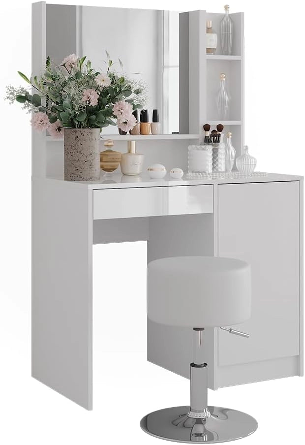 Tavolo da toeletta Sherry, Bianco/bianco lucido, 89.8 cm 4 parti