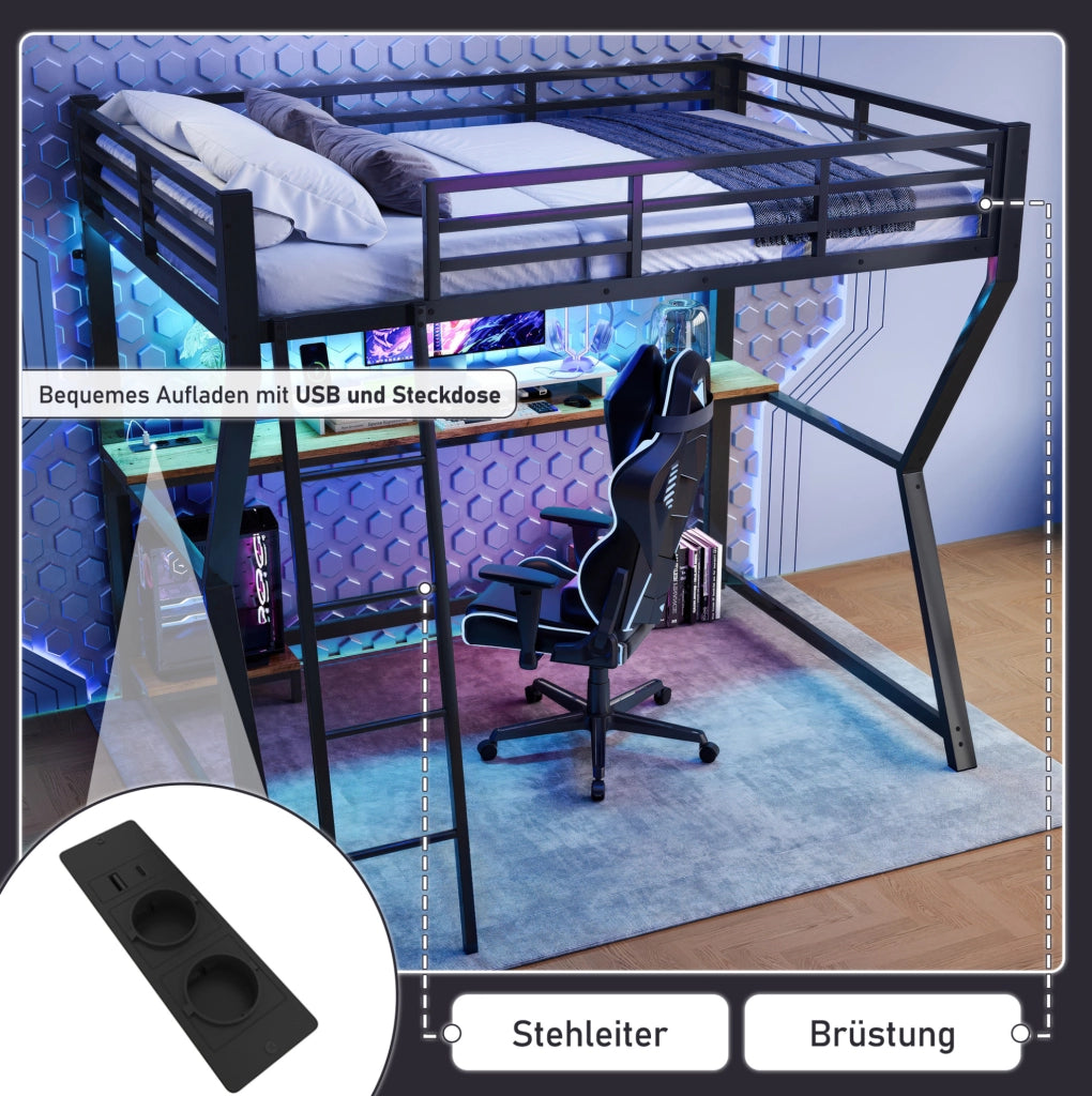 Letto a soppalco 90x200 cm con scrivania, LED e USB nero