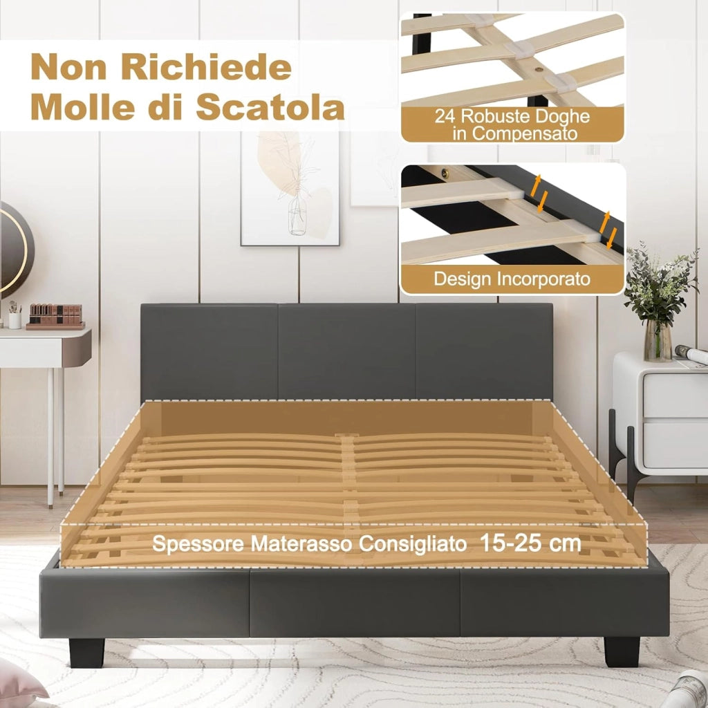 Letto Matrimoniale in Legno, Struttura per Letto Con Testiera Imbottita Luce LED Multicolore e Telecomando, Carico 200 kg, Silenzioso (Grigio)