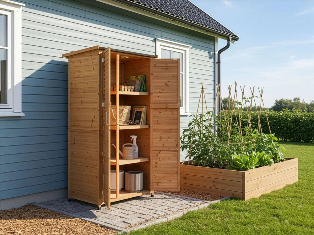 Casetta da giardino per esterni in legno di abete marrone chiaro con ante e ripiani. Struttura stabile. Resistente alle intemperie.
