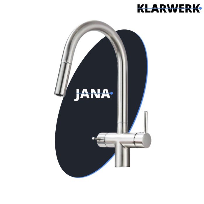 Jana | Rubinetto estraibile 3 vie premium argento spazzolato | osmosi in acciaio inox cucina | miscelatore 360 gradi | filtro 3 attacchi gomito alto