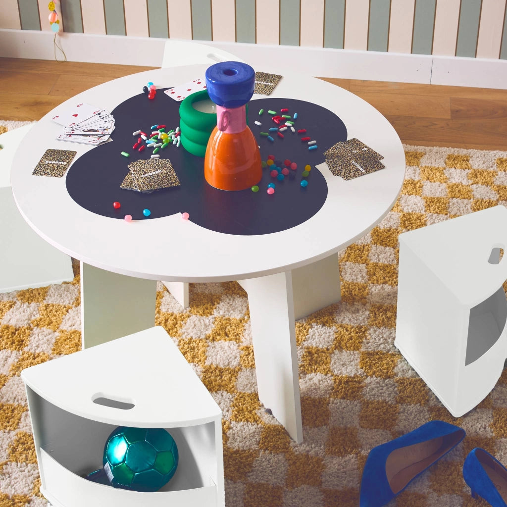 Tavolo con ardesia e 4 sedie con contenitore per bambini, bianco