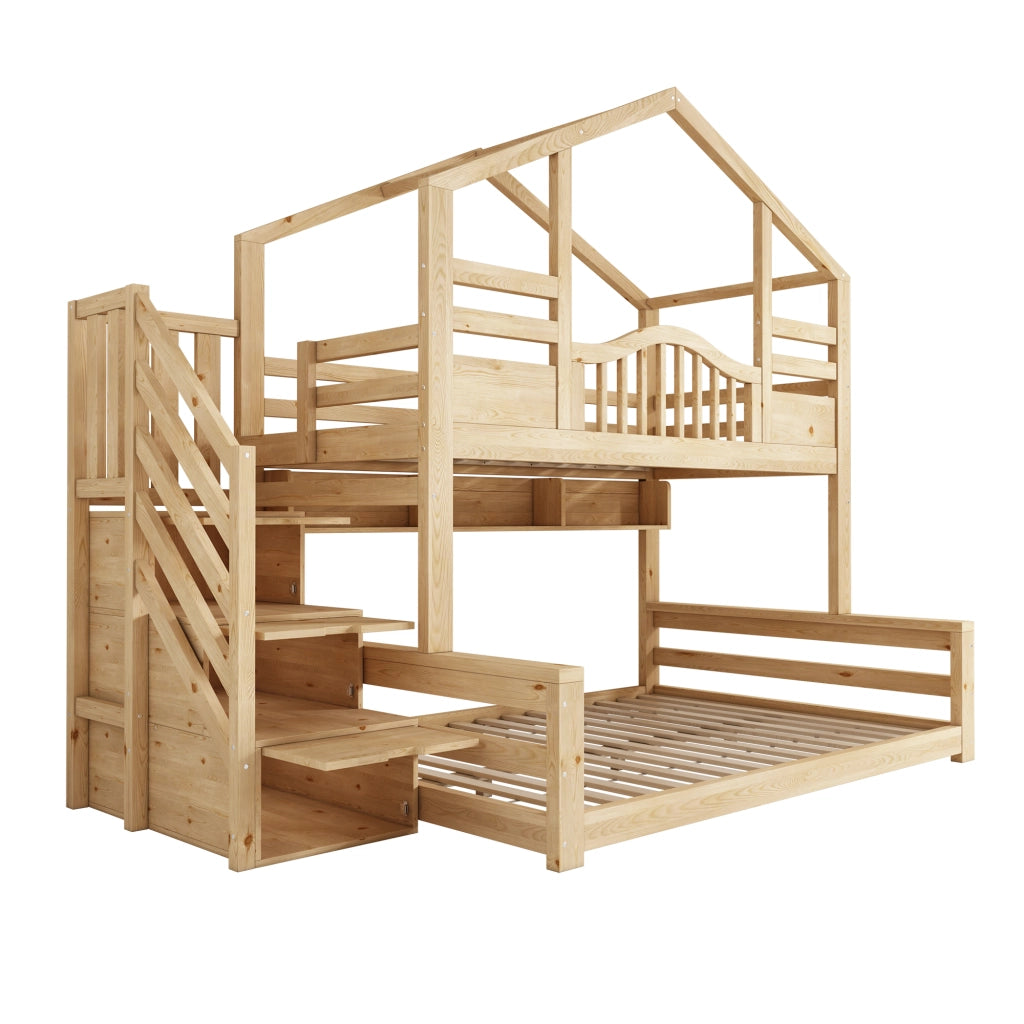Letto a castello per bambini con scala contenitore, 90x200 e 140x200 cm, colore naturale