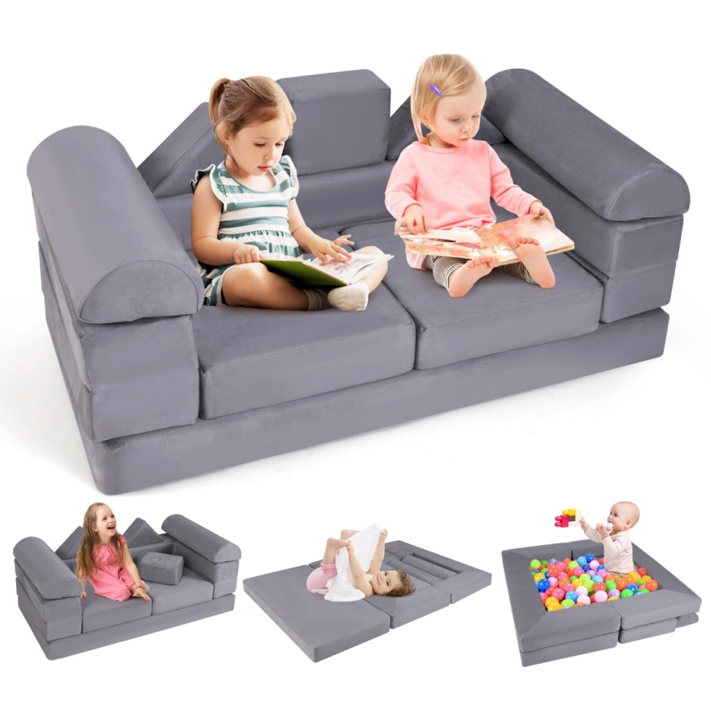 Divano giocattolo modulare per bambini con tessuto suede coperture lavabili, Set di gioco in schiuma a 9 pezzi Grigio