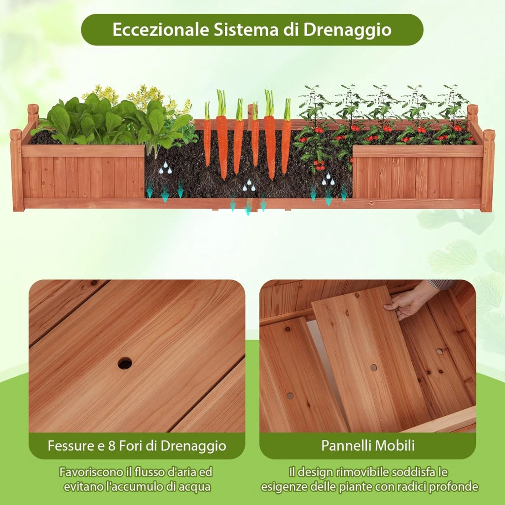 Letto da Esterno Rialzato in Legno, Fioriera Rettangolo con Divisorio, Sistema di Drenaggio, Fodera in Tessuto non Tessuto, Orto Rialzato per Giardino e Cortile, 227 x 59,5 x 40 cm (Marrone)