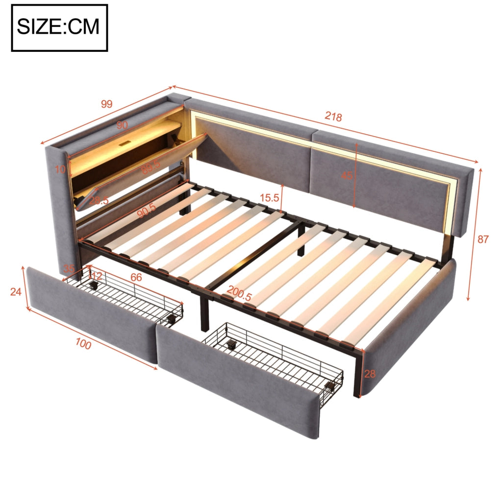 Divano Letto Imbottito 90x200 cm con LED, USB, Testiera Contenitore e Cassetti, Velluto Grigio Scuro