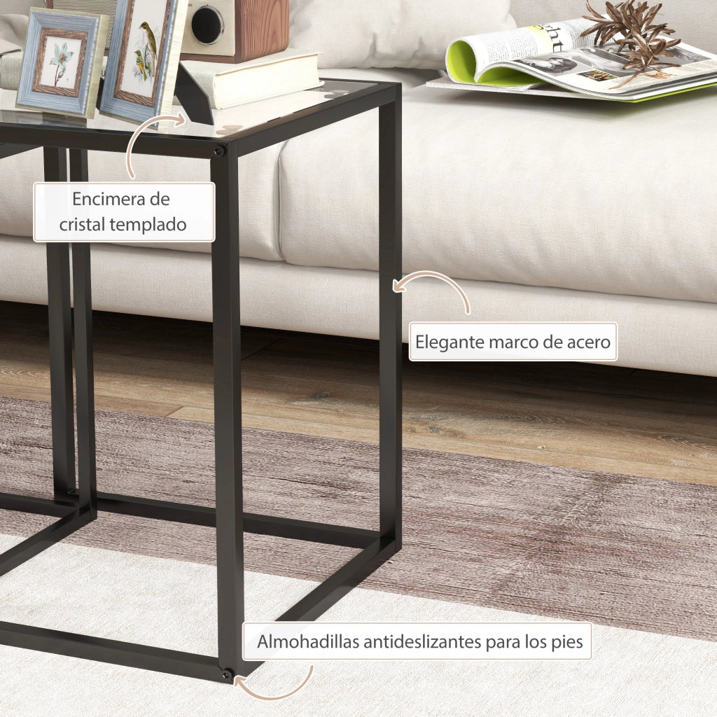 Tavolino da caff¨¨ apilabile con piano in vetro temperato e telaio in acciaio ¨C Zephmum ¨C Nero 33x33x45,5 cm e 42x42x51 cm