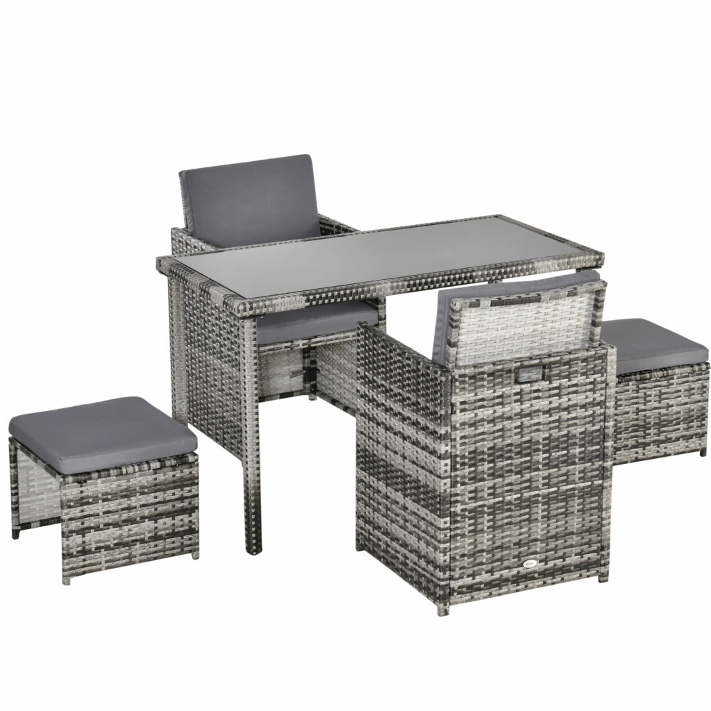 Salotto da giardino 5 pezzi in polyrattan grigio con tavolo in vetro temperato