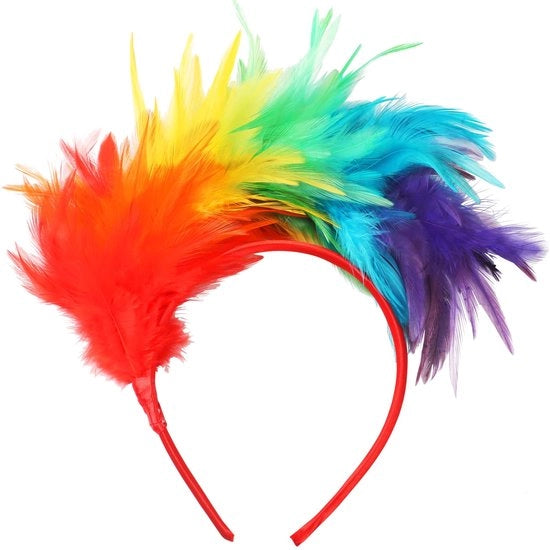 Banda per capelli con piume - Arcobaleno - Accessorio di travestimento - Carnevale - Pride - Disegno comodo di seta - Banda per capelli da travestimento