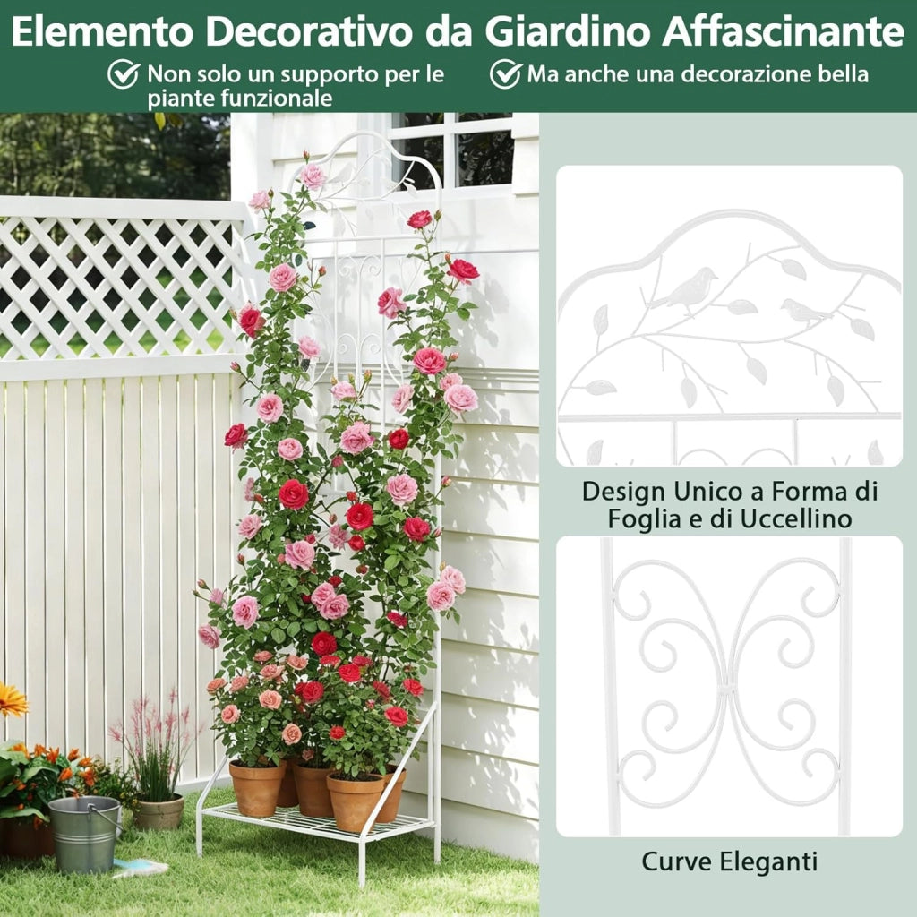Traliccio per Rampicanti Metallo con Ripiano Pieghevole, Graticcio per Piante da Esterno, Griglia per Piante Rampicanti per Giardino, Cortile e Patio, 50 x 30 x 189,5 cm (Bianco,1)