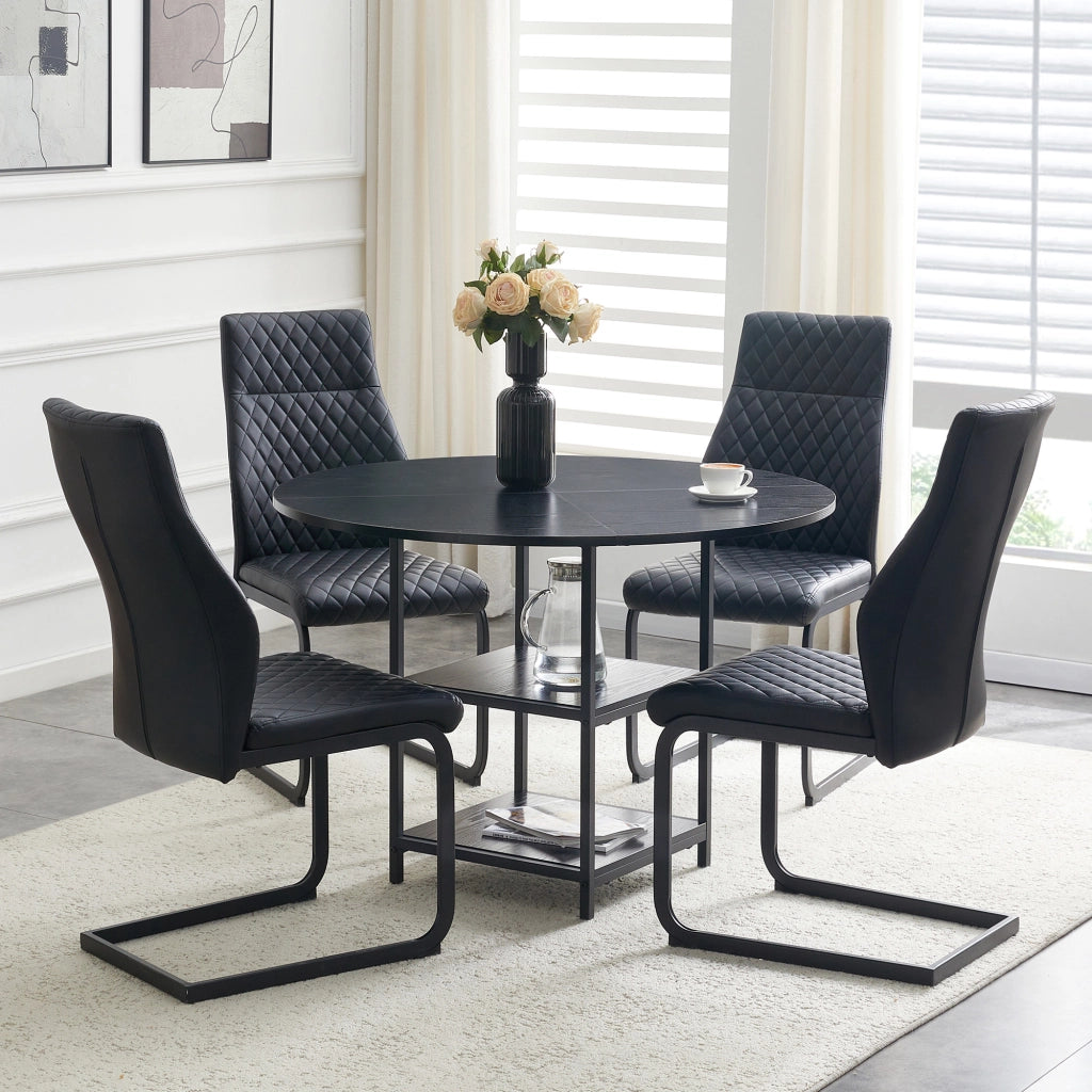 Set tavolo da pranzo e sedie con 1 tavolo rotondo e 4 sedie; 2 ripiani; in mdf; metallo e similpelle neri