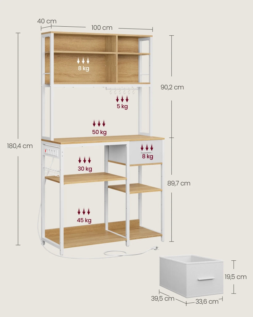 Mensola da cucina con multipresa bar con ripiani regolabili cassetto in tessuto 12 ganci 40 x 100 x 180,4 cm supporto per microonde bianco 12_0005655