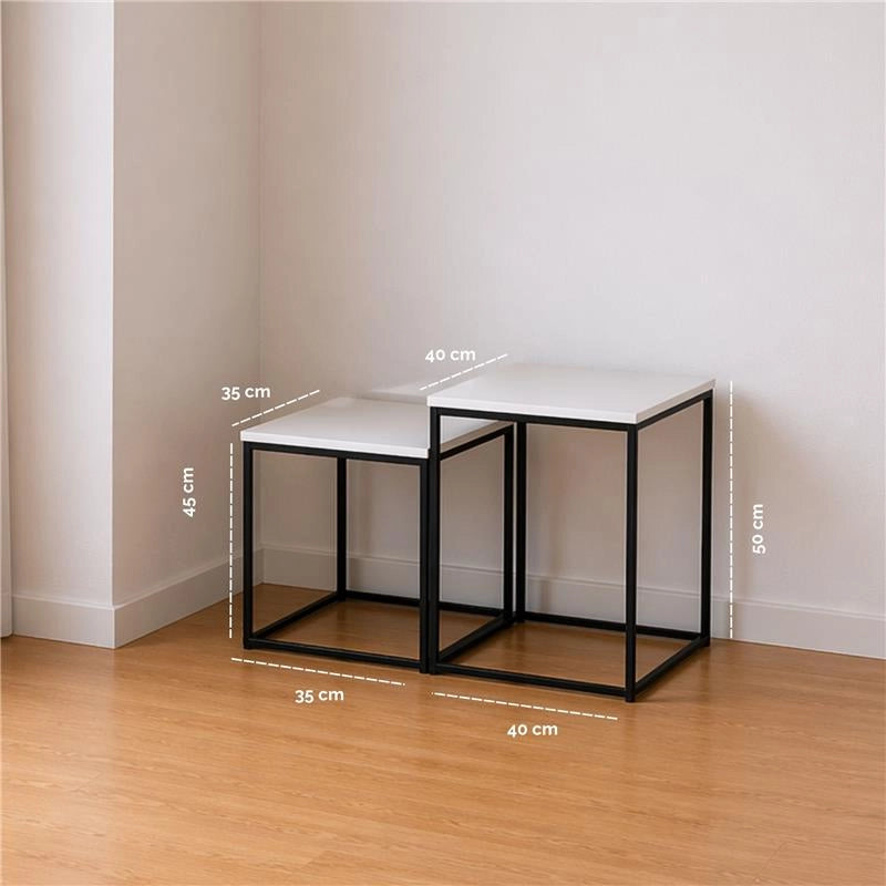2 TAVOLINI METALLO MELANINA E MDF DIMENSIONI 35X35X45H CM E 40X40X50H CM - COLORE BIANCO LEGNO