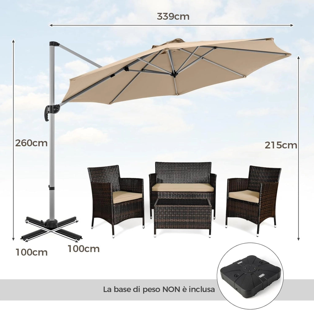 Ombrellone da Giardino 339 cm, Ombrello da Giardino Rotondo con Rotazione a 360°, Ombrellone da Giardino Inclinabile con Base, Ombrello da Sole per Giardino, Patio (Beige)