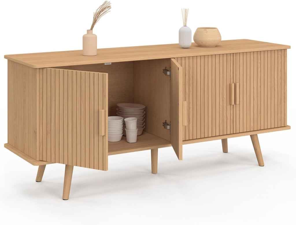 Credenza JULIETTE 140 cm con 4 ante a doghe in legno color rovere